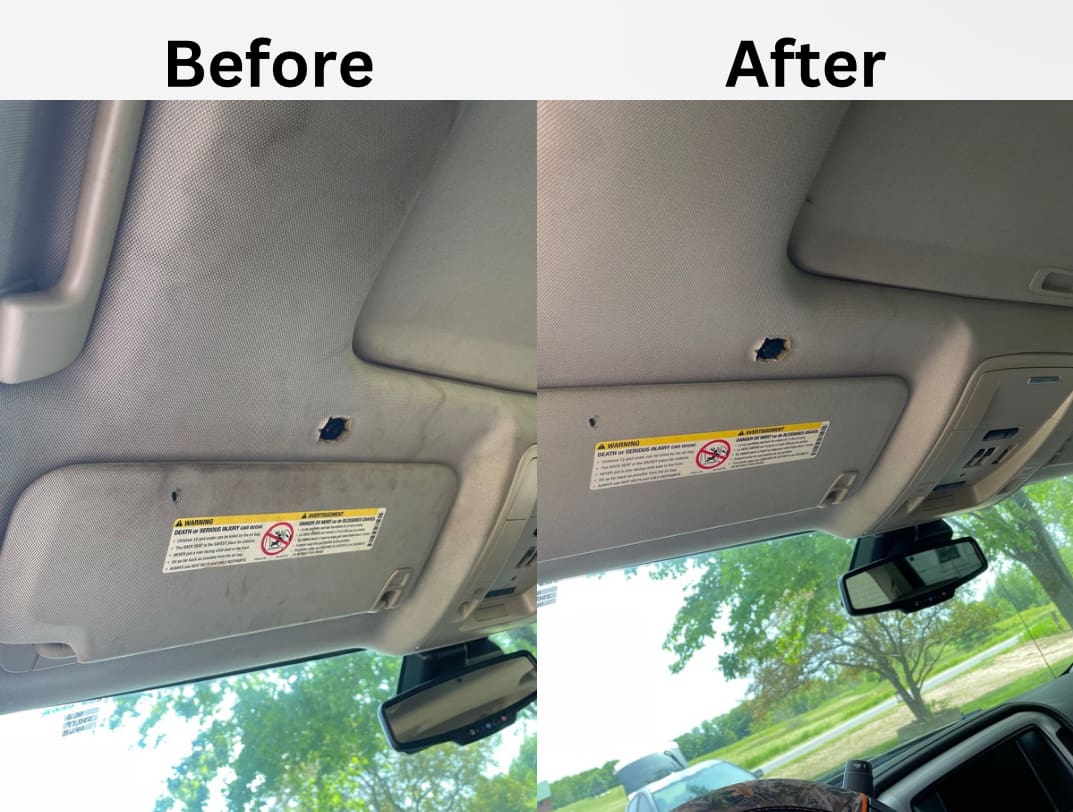 A before and after picture of the inside of a car.