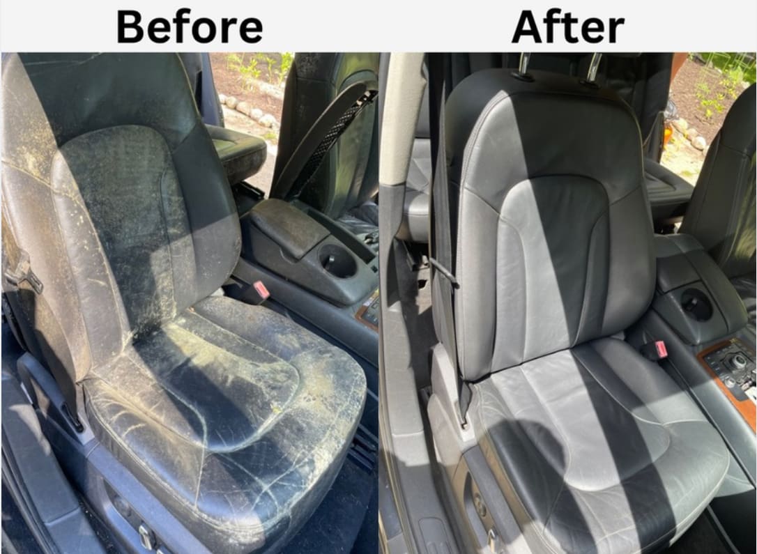 A before and after picture of the interior of a car.