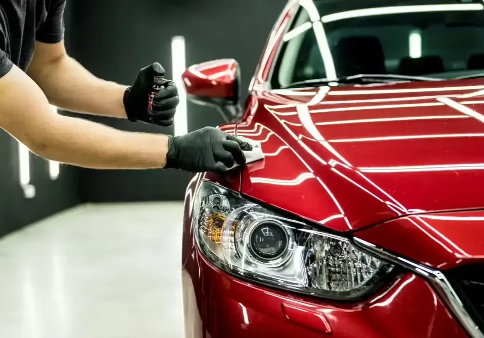 A person is painting the hood of a red car.